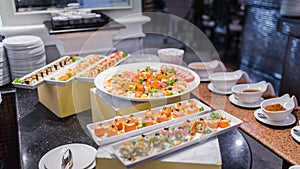 Delicious sushi rolls set in a variety of japanese food