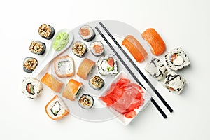 Delicious sushi rolls on white background. Japanese food