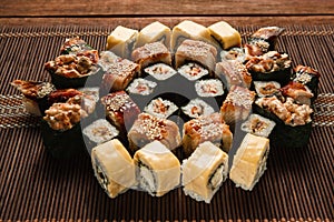 Delicious sushi set closeup. Japanese food art.