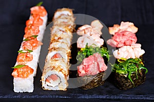 Delicious sushi set, luxury restaurant food. Set of pressed sush