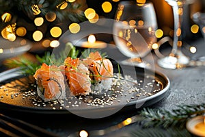 Delicious sushi in traditional japanese style on elegant grey table with glamour lights