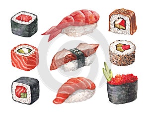 Delicious sushi. Watercollor illustrations