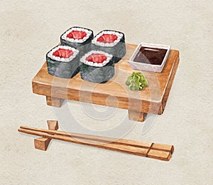 Delicious sushi, watercolor illustration