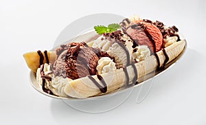 Delicious sweet banana split in bowl