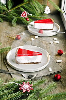 Delicious sweet classical cheesecake New York slice on plate with colorful red cherry,strawberry jelly top. Christmas new year