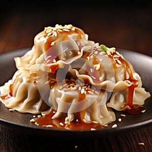 Delicious Sweet Dumplings With Icing Sauce And Sesame Seeds