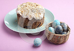 Delicious sweet homemade easter cake, tulips and eggs, top view