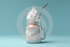 Delicious sweet milkshake in glass jar with plastic stick. Generate Ai photo