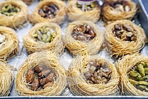 Delicious sweet pastry baklava sold on market in Agadir, Morocco