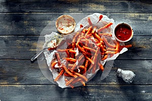 Delicious sweet potato fries and sauces on table