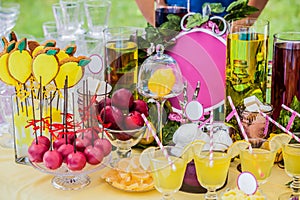 Delicious sweeties and beverages, staying on dessert table