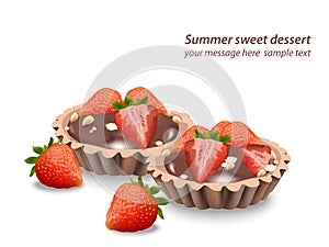 Delicious sweets and desserts with fruits Chocolate tartlets. Summer confectionary bakery treats Vector illustration