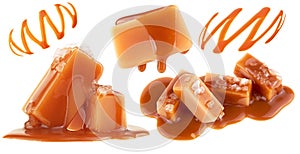 Delicious sweets - Golden Butterscotch toffee candy caramels and liquid caramel sauce isolated on white background. Collection