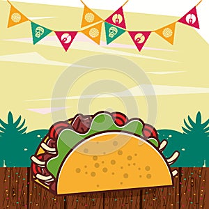 Delicious taco mexican food with party garlands