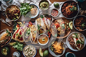 Delicious tacos, burrito plate, nachos, enchiladas, tortilla soup and salad, traditional Mexican fast food, generative AI