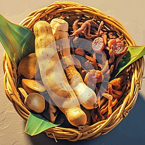 Delicious tamarind pod and dried fruit presented in rustic basket photo