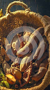 Delicious tamarind pod and dried fruit presented in rustic basket photo