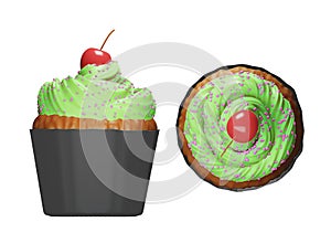 Delicious tasty Cupcakes with the green icing on top and cherry