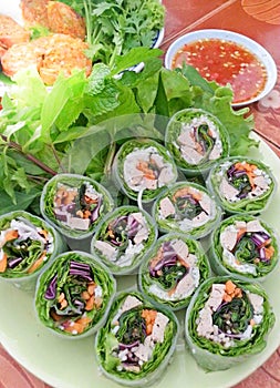 Delicious tasty Fresh vietnamese spring rolls on a plate with sauce Food background close up