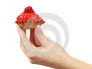 Delicious tasty sweet cake cupcake in human hand.