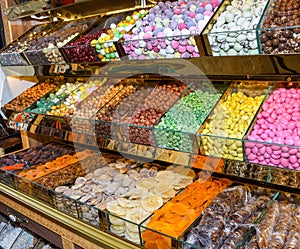 Delicious tasty turkish delight sweets and dried fruits at Grand bazaar, Istanbul, Turkey