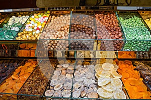 Delicious tasty turkish delight sweets and dried fruits at Grand bazaar, Istanbul, Turkey