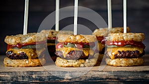 Delicious tater and beef slider skewers on a wooden board, ready for sharing.