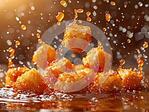 Delicious tater tots photography, explosion flavors, studio lighting, studio background, well-lit, vibrant colors, sharp