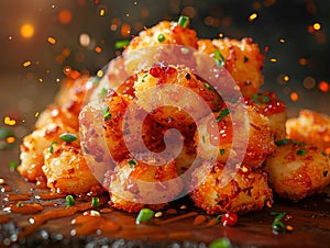 Delicious tater tots photography, explosion flavors, studio lighting, studio background, well-lit, vibrant colors, sharp