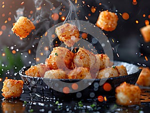 Delicious tater tots photography, explosion flavors, studio lighting, studio background, well-lit, vibrant colors, sharp