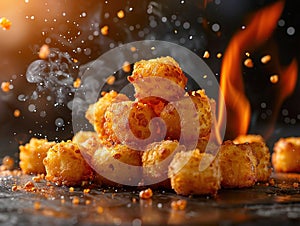 Delicious tater tots photography, explosion flavors, studio lighting, studio background, well-lit, vibrant colors, sharp