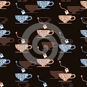 Delicious Tea Bag and Tea Cups Vector Graphic Seamless Pattern