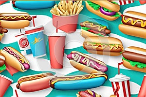 Delicious and tempting American hot dog fast food 3D elements on white background