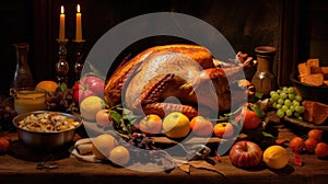 Delicious Thanksgiving turkey dinner on a rustic wooden table, perfect for your holiday feast concept