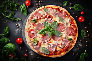 Delicious thin crust pizza with mozzarella cheese, italian sausage, and juicy ham, top view