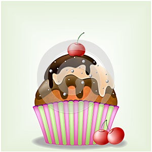 Delicious Three Chocolate Creamy Yammy Cupcake with Sweets and Cherry Berries EPS 10 Vector