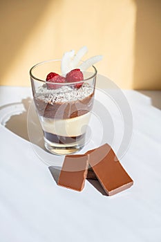 Delicious three-layer mousse, vanilla, chocolate, creme brulee dessert in a glass in the bright rays of the sun. Nearby