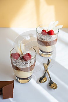 Delicious three-layer mousse, vanilla, chocolate, creme brulee dessert in a glass in the bright rays of the sun. Nearby