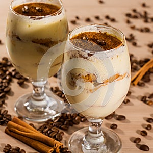 Delicious tiramisu with coffee bean and cinnamon