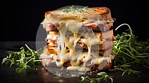 Delicious Toasted Cheese And Ham Sandwich On Dark Black Background