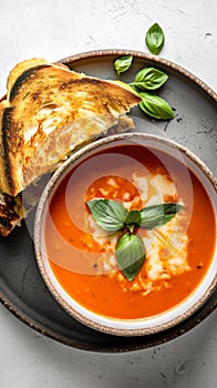 Delicious tomato soup with cream olive oil and fresh basil. Grilled cheese sandwich on a side. Nutritious food