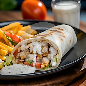 Delicious tortilla wraps with chicken and vegetables served with french fries