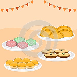 Delicious traditional Indonesia cakes and cookies nastar pastel kue lumpur vector design illustration