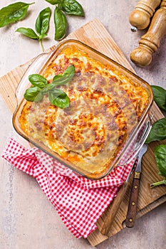 Delicious traditional italian lasagna made with minced beef bolognese sauce