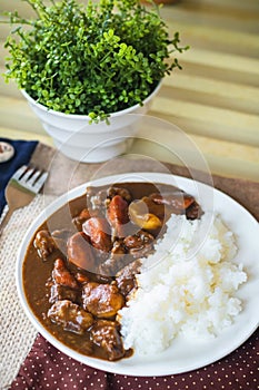 Delicious traditional Japanese style beef curry rice on the table