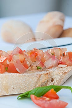 Delicious traditional Mediterranean bread with tomato and olive oil