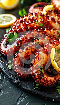 Delicious traditional mediterranean grilled octopus served elegantly on a stylish black plate