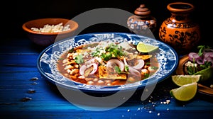 Delicious traditional mexican pozole soup served on blue plate on vintage wooden table photo