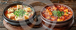 Delicious Traditional Spicy Tofu Stew in Clay Bowls on Rustic Wooden Table, Korean Cuisine, Mapo Tofu and Kimchi Jjigae, photo