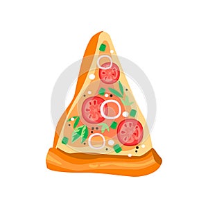 Delicious triangle slice of pizza with tomatoes, onion rings, basil leaves and condiments. Fast food icon. Flat vector